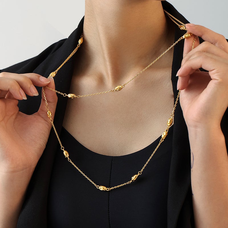 Niche Design Distinctive Long Double-Layer Stacked Bean Wearing Woolen Chain Women'S Simple All-Match Titanium Steel Clavicle Chain - Image 3